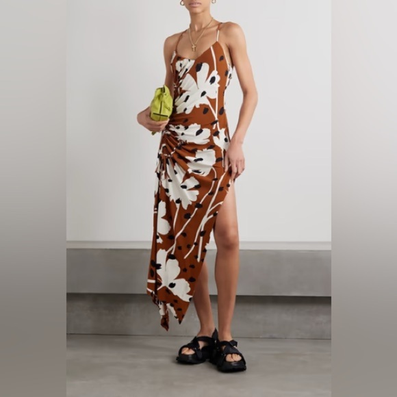 Monse brown abstract floral print asymmetrical draped midi dress - size 12 - Picture 4 of 7